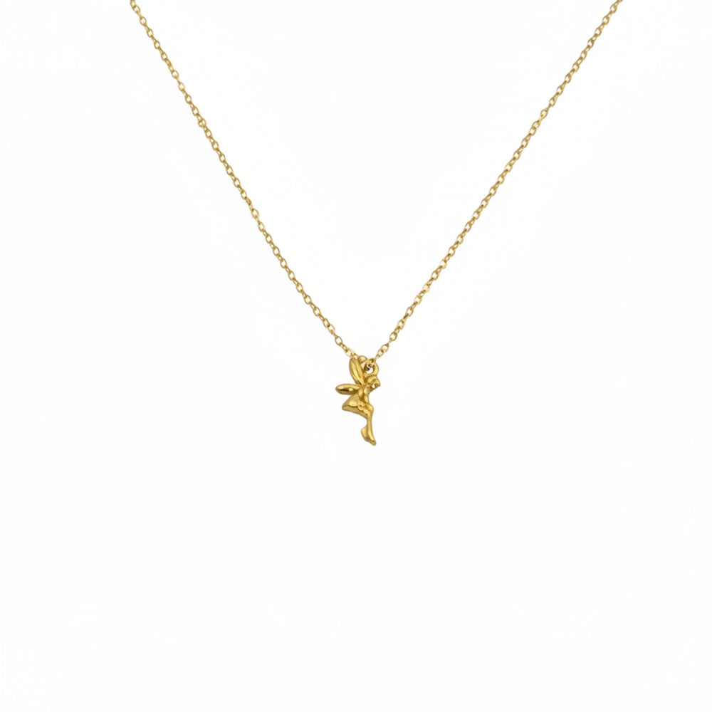 14K Gold Fairy Charm Necklace, our sweet gold fairy charm necklace has an adorable delicate petite fairy with wings, a enchanting charm, a tiny treasure to wear throughout your day.