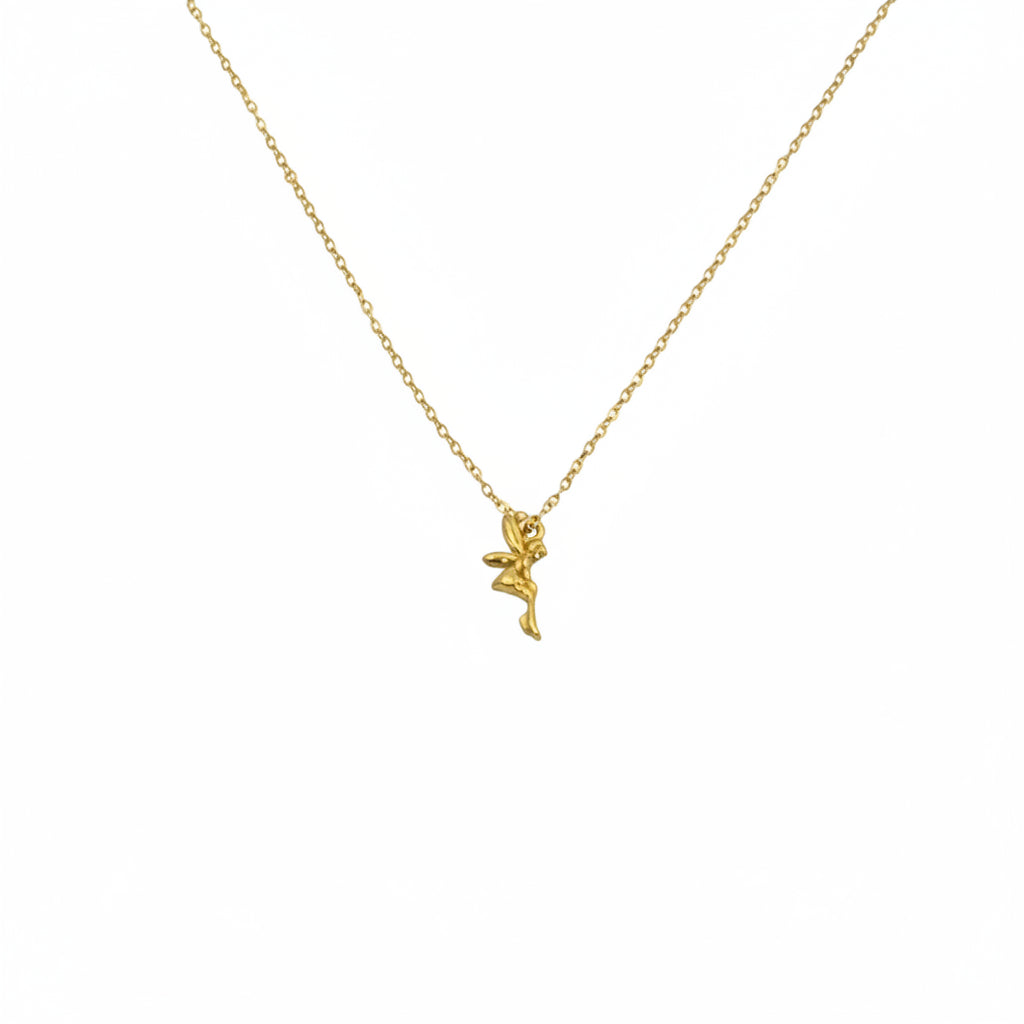 14K Gold Fairy Charm Necklace, our sweet gold fairy charm necklace has an adorable delicate petite fairy with wings, a enchanting charm, a tiny treasure to wear throughout your day.