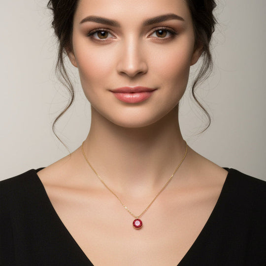 Ruby Crimson Shimmer Charm Necklace worn by a model with a smooth hairstyle and natural makeup.