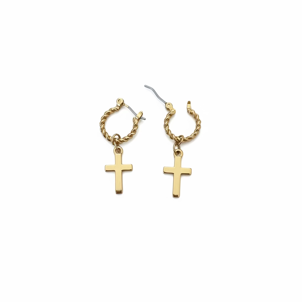 Gold Cross Huggies Hoop Earrings, Minimalist gold cross huggie hoops designed for everyday. These 10mm hoops feature petite cross charm