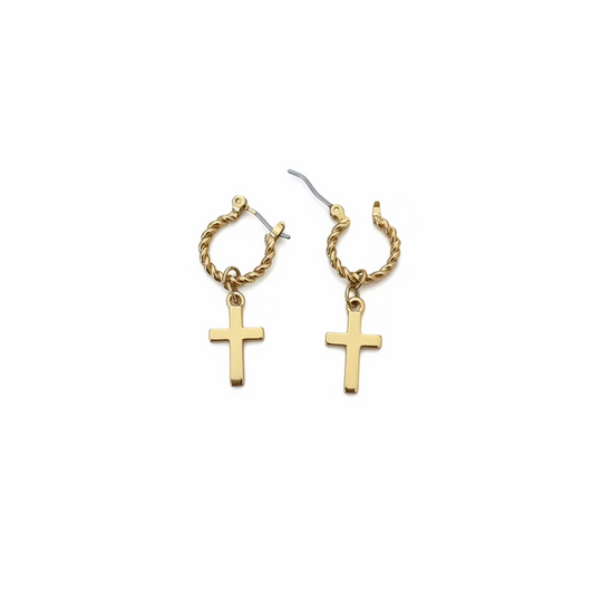 Gold Cross Huggies Hoop Earrings, Minimalist gold cross huggie hoops designed for everyday. These 10mm hoops feature petite cross charm