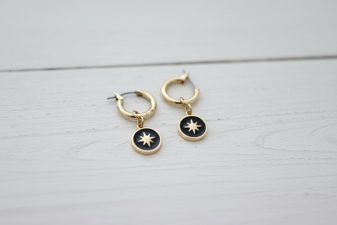 Gold Black Star Huggies Hoop Earrings, Minimalist gold star on black round charm huggie hoops designed for everyday. These 10mm hoops