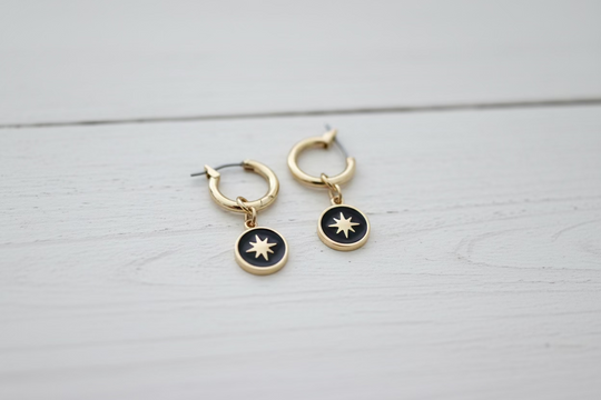 Gold Black Star Huggies Hoop Earrings, Minimalist gold star on black round charm huggie hoops designed for everyday. These 10mm hoops