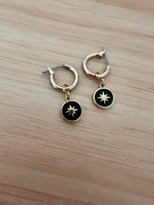 Gold Black Star Huggies Hoop Earrings, Minimalist gold star on black round charm huggie hoops designed for everyday. These 10mm hoops