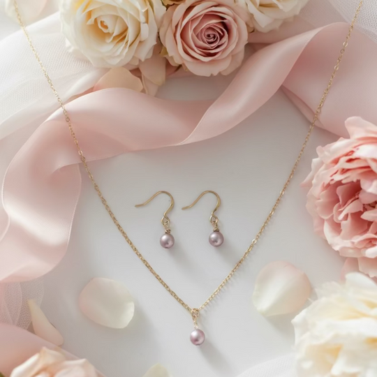 Pink Rose Pearl Bridesmaid Necklace Gift Set , Elevate your bridal party with this stunning pink rose pearl necklace and earring set. F