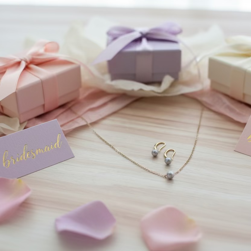 Lavender Pearl Bridesmaid Necklace Gift Set, Celebrate your bridal party in timeless elegance with this exquisite lavender pearl necklace and earring set