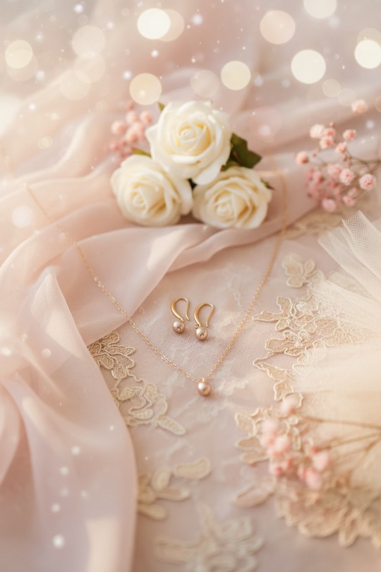 Rose Gold Pearl Bridesmaid Necklace Gift Set, Timeless Rose Gold Pearl Bridesmaid Necklace & Earring Set featuring lustrous 6mm pearls paired