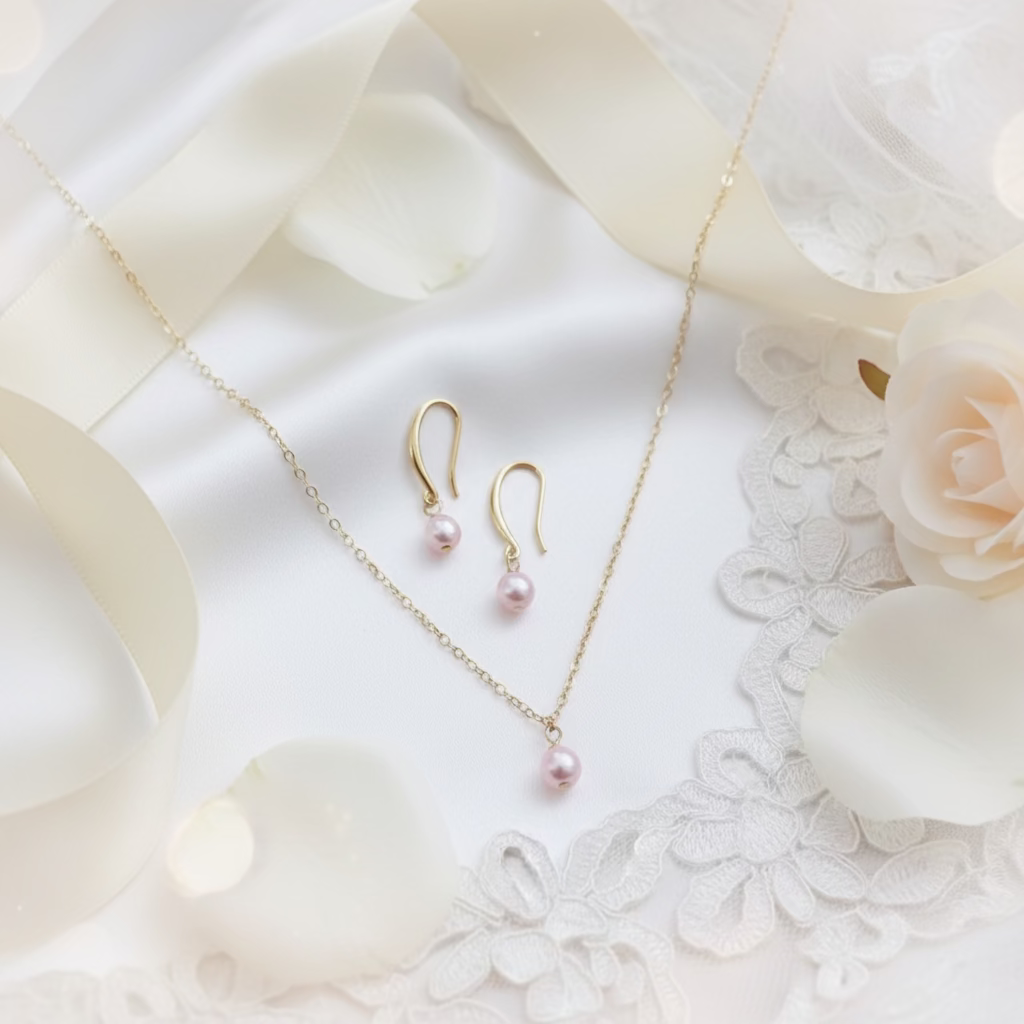 Petal Pink Pearl Bridesmaid Necklace Gift Set, Elevate your bridal party with this stunning petal pink pearl necklace and earring set. 