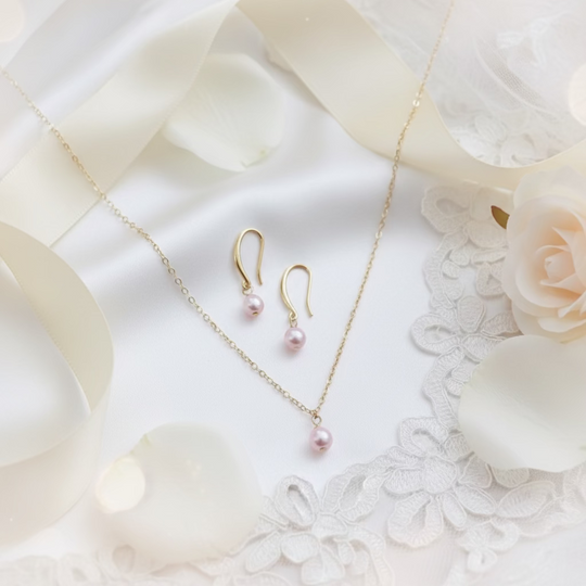 Petal Pink Pearl Bridesmaid Necklace Gift Set, Elevate your bridal party with this stunning petal pink pearl necklace and earring set. 