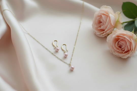 Petal Pink Pearl Bridesmaid Necklace Gift Set, Elevate your bridal party with this stunning petal pink pearl necklace and earring set. 