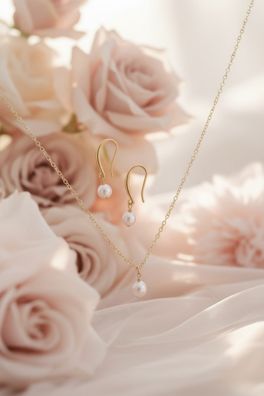 Petal Pink Pearl Bridesmaid Necklace Gift Set, Elevate your bridal party with this stunning petal pink pearl necklace and earring set. 