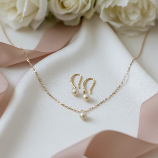 Gold Pearl Bridesmaid Necklace Gift Set, Perfect for bridesmaids and wedding celebrations, this elegant gold pearl necklace and earring set c
