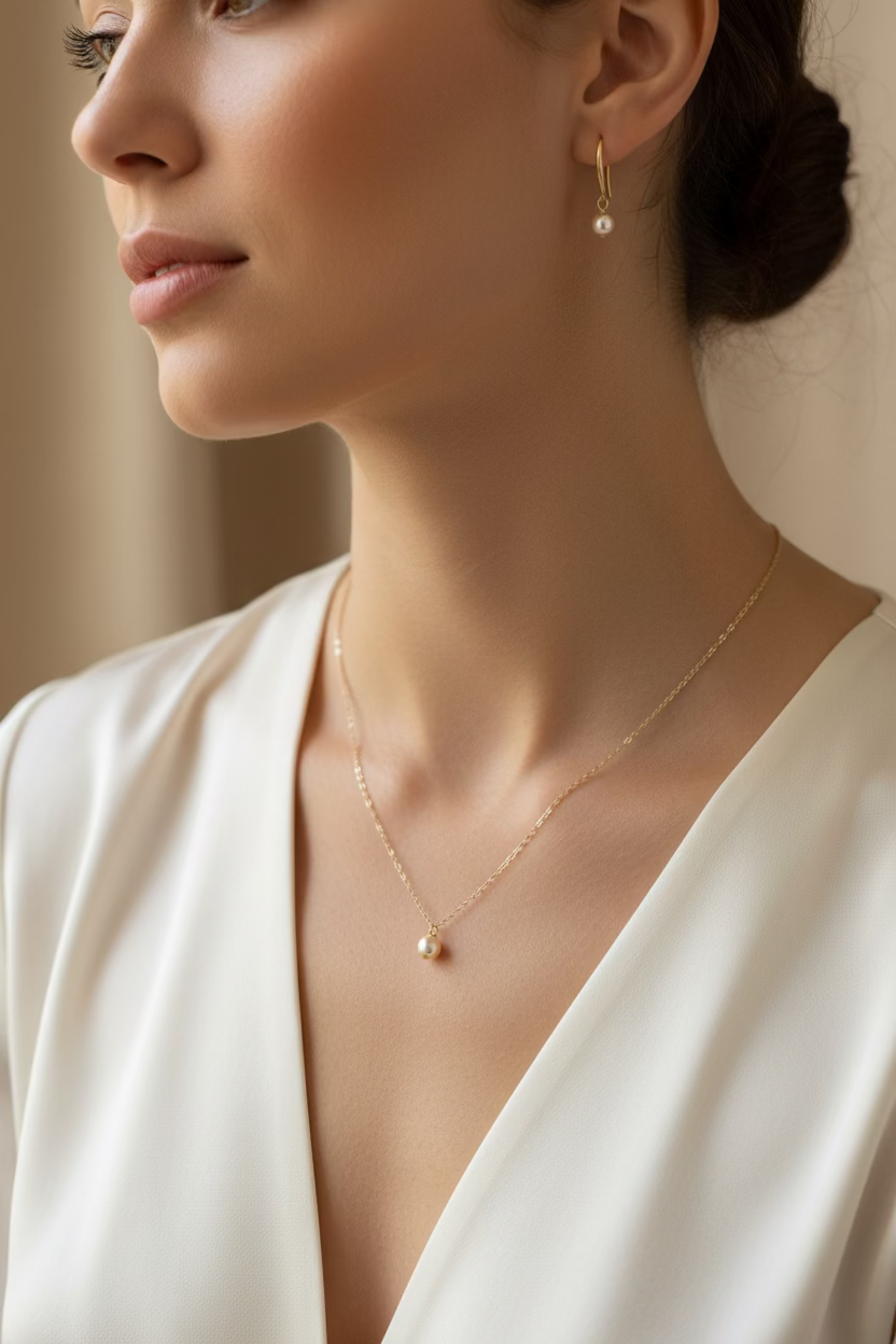 Gold Pearl Bridesmaid Necklace Gift Set, Perfect for bridesmaids and wedding celebrations, this elegant gold pearl necklace and earring set c