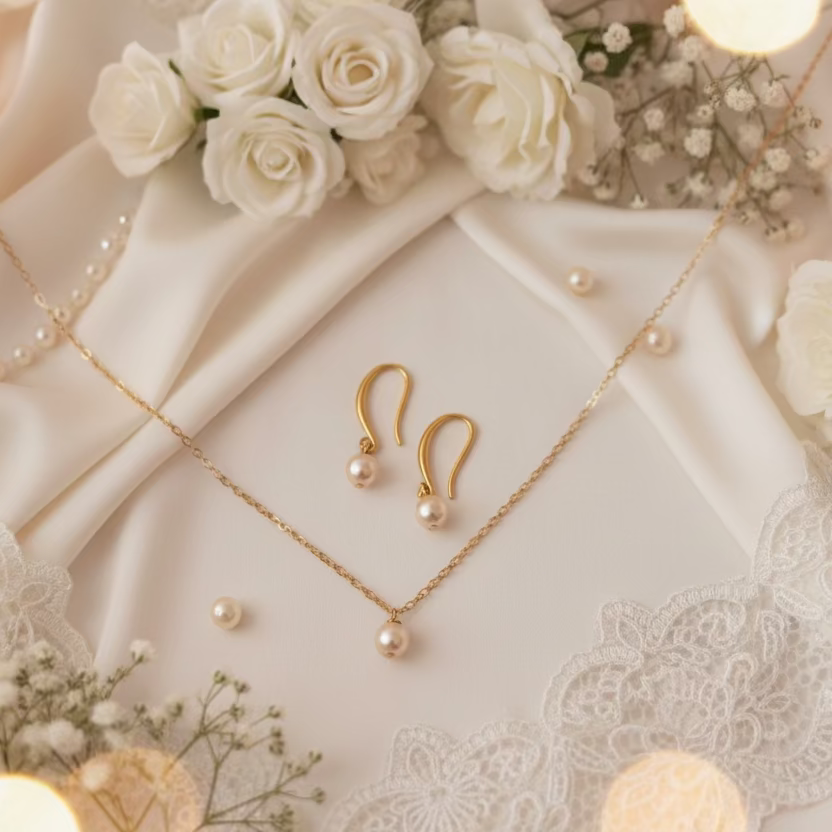 Peach Pearl Bridesmaid Necklace Gift Set, Perfect for bridesmaids and wedding celebrations, this elegant soft peach pearl necklace and earring set c