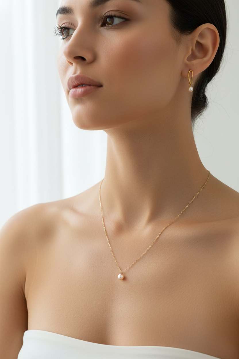 Peach Pearl Bridesmaid Necklace Gift Set, Perfect for bridesmaids and wedding celebrations, this elegant soft peach pearl necklace and earring set c