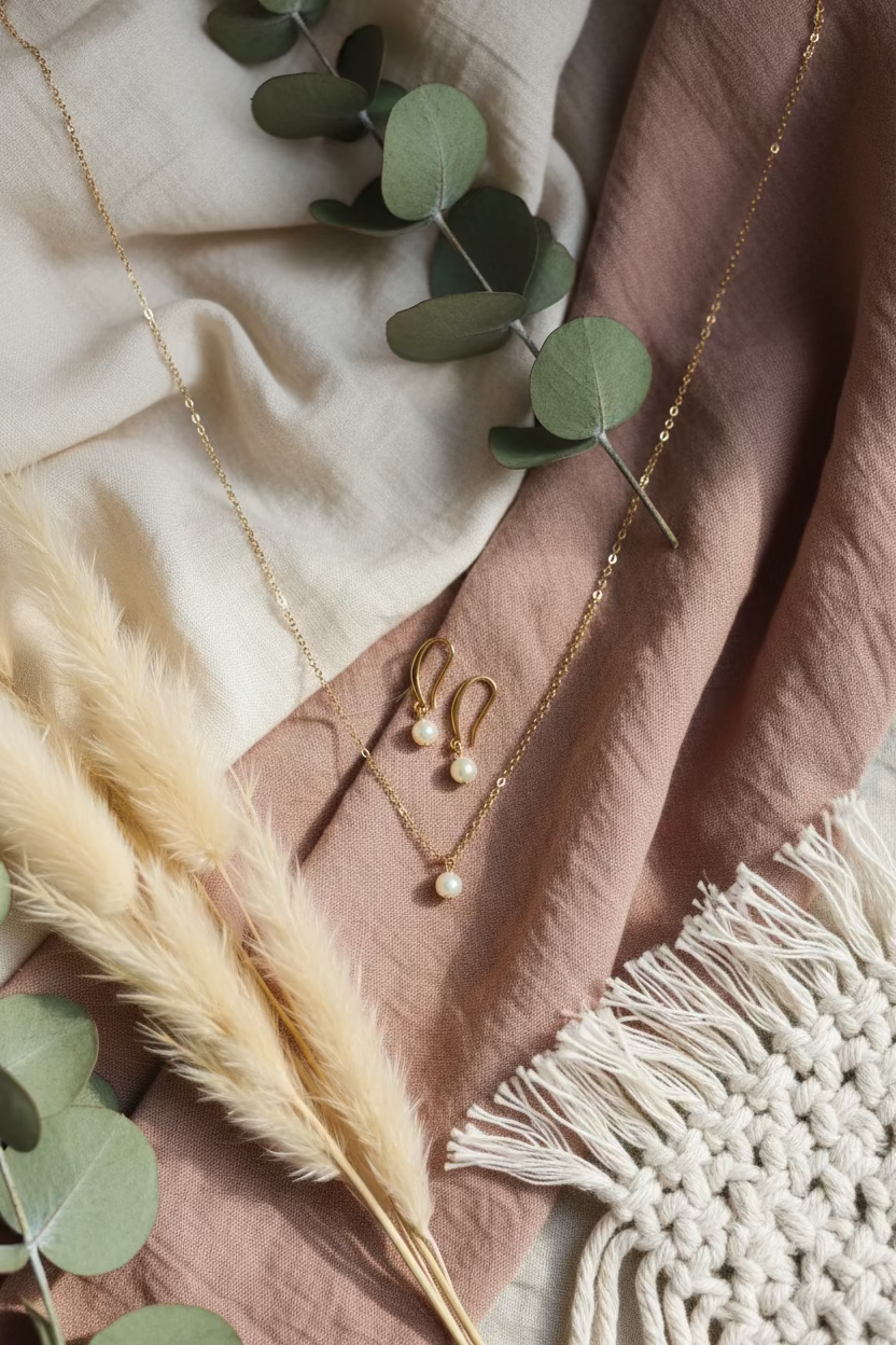 Champagne Pearl Bridesmaid Necklace Gift Set, Perfect for bridesmaids and wedding celebrations, this elegant soft champagne gold pearl necklace and earring set 