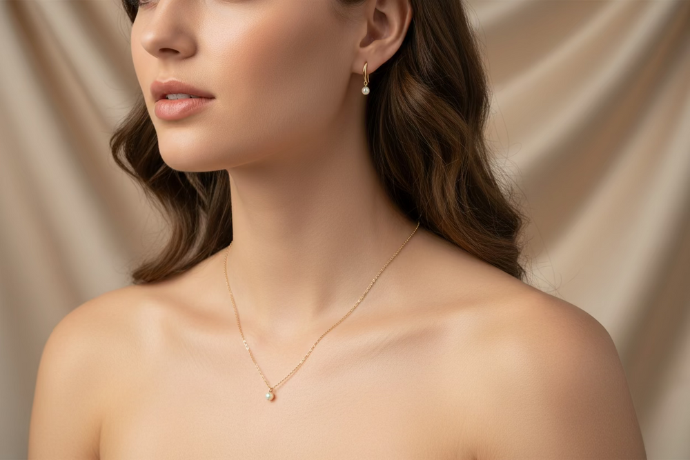 Champagne Pearl Bridesmaid Necklace Gift Set, Perfect for bridesmaids and wedding celebrations, this elegant soft champagne gold pearl necklace and earring set 