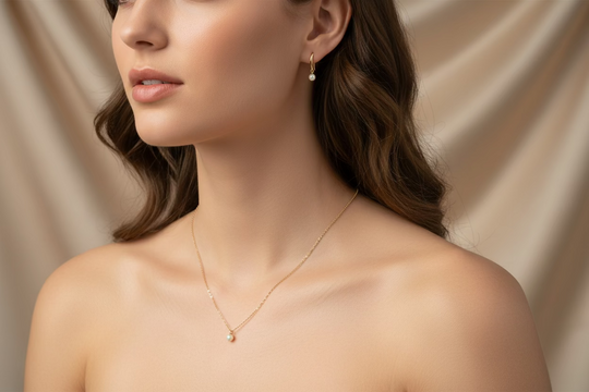 Champagne Pearl Bridesmaid Necklace Gift Set, Perfect for bridesmaids and wedding celebrations, this elegant soft champagne gold pearl necklace and earring set 