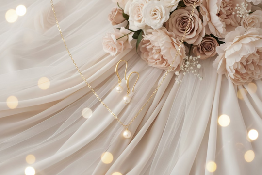 Champagne Pearl Bridesmaid Necklace Gift Set, Perfect for bridesmaids and wedding celebrations, this elegant soft champagne gold pearl necklace and earring set 