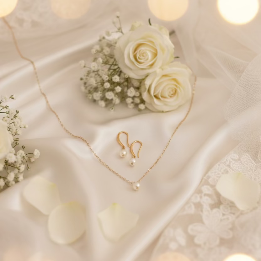Champagne Pearl Bridesmaid Necklace Gift Set, Perfect for bridesmaids and wedding celebrations, this elegant soft champagne gold pearl necklace and earring set 