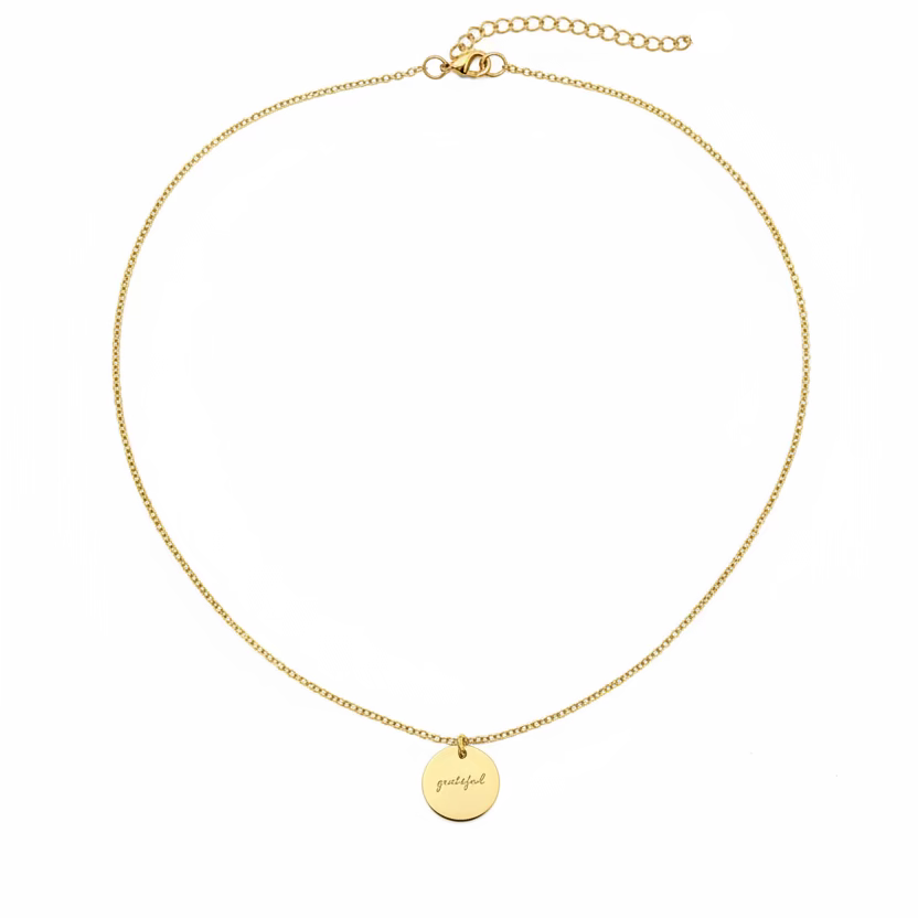 Gold Hand Stamped GRATEFUL Disk Charm Necklace