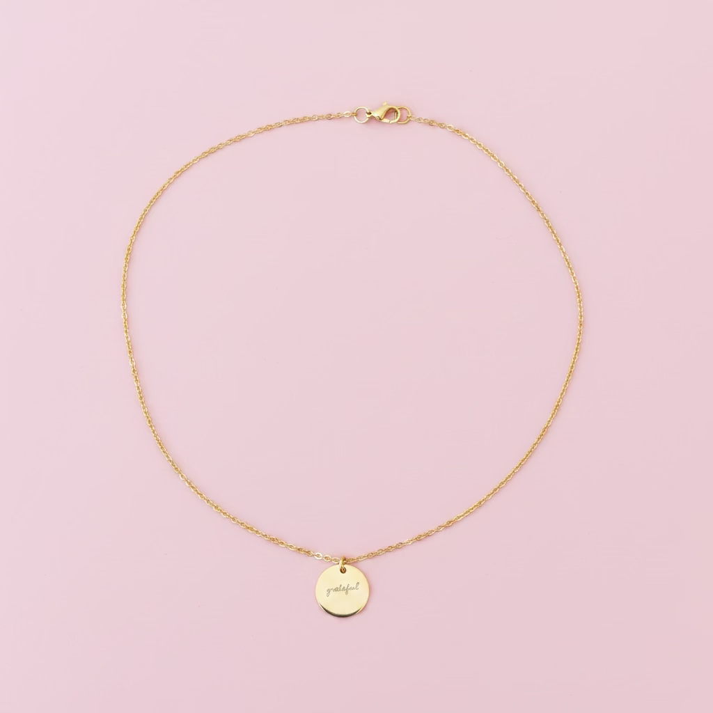 Gold Hand Stamped GRATEFUL Disk Charm Necklace