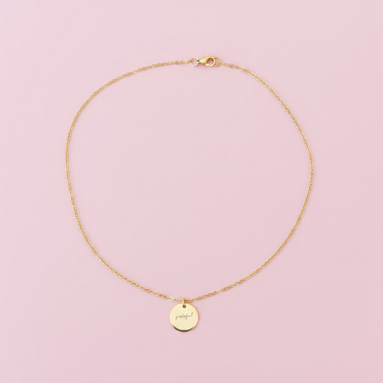Gold Hand Stamped GRATEFUL Disk Charm Necklace
