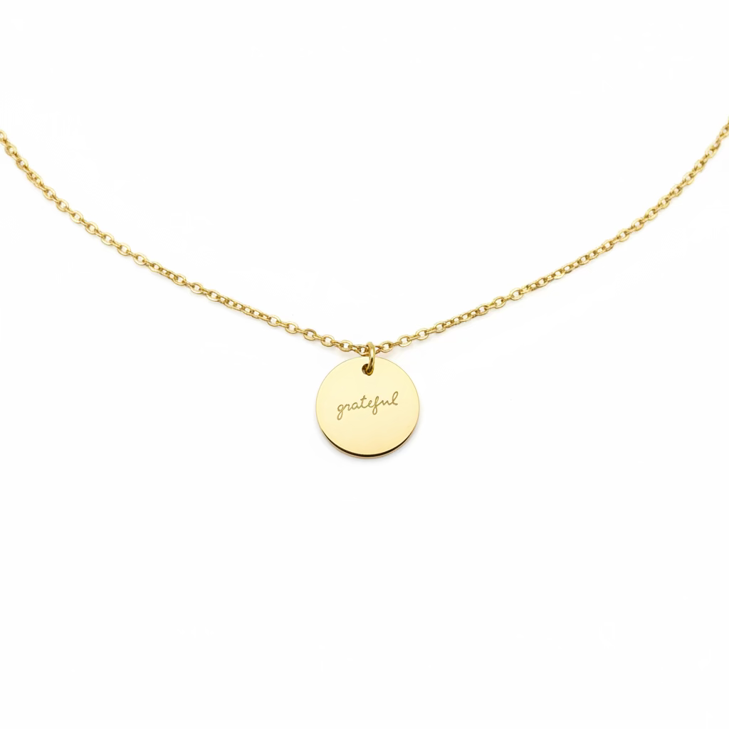 Gold Hand Stamped GRATEFUL Disk Charm Necklace