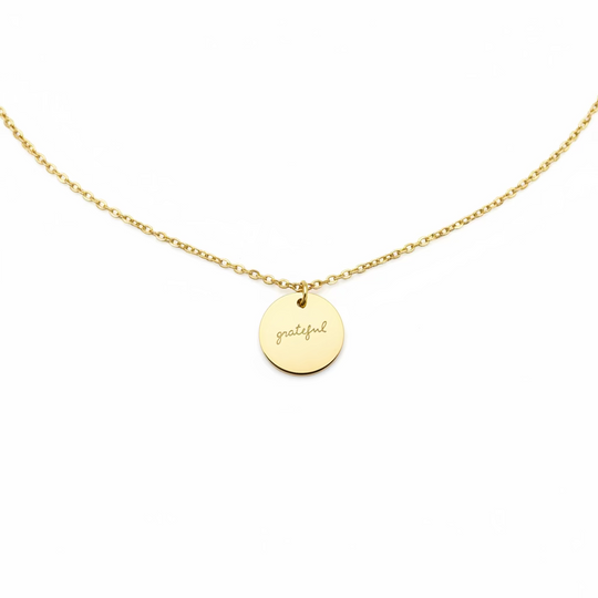 Gold Hand Stamped GRATEFUL Disk Charm Necklace