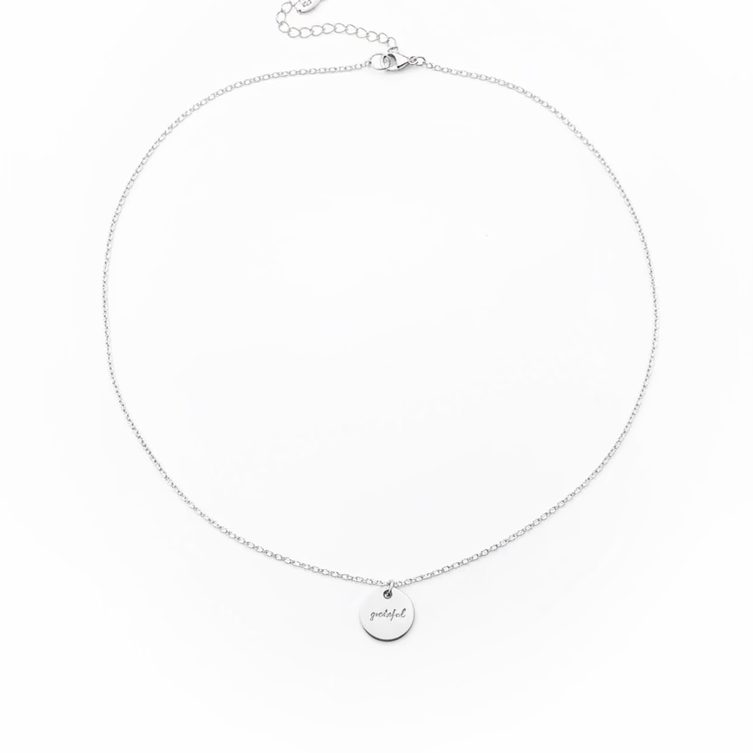 Silver Hand Stamped GRATEFUL Disk Charm Necklace