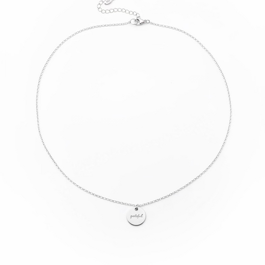 Silver Hand Stamped GRATEFUL Disk Charm Necklace