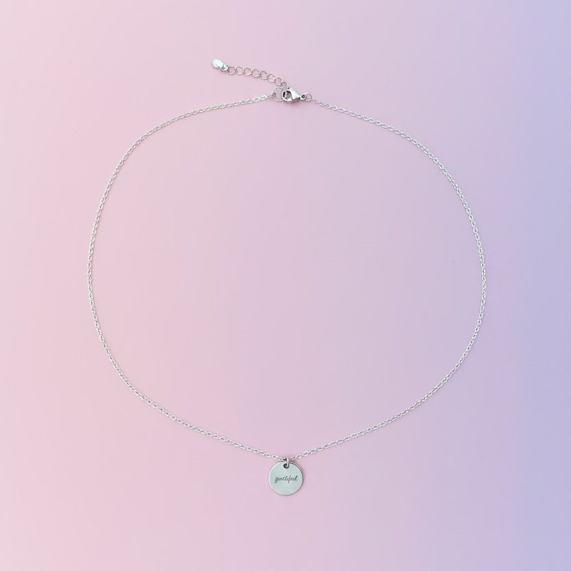 Silver Hand Stamped GRATEFUL Disk Charm Necklace