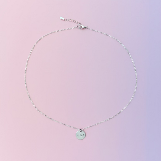 Silver Hand Stamped GRATEFUL Disk Charm Necklace