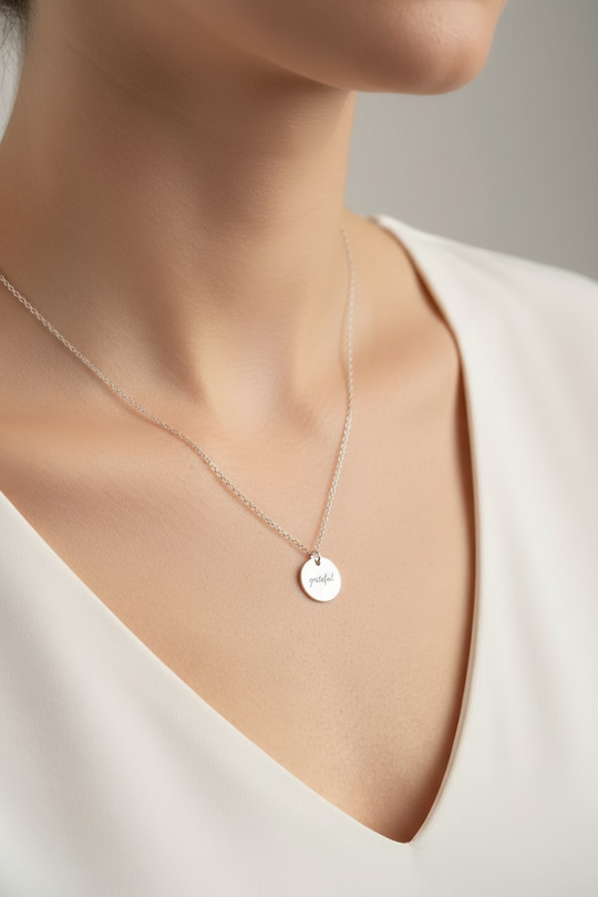 Silver Hand Stamped GRATEFUL Disk Charm Necklace
