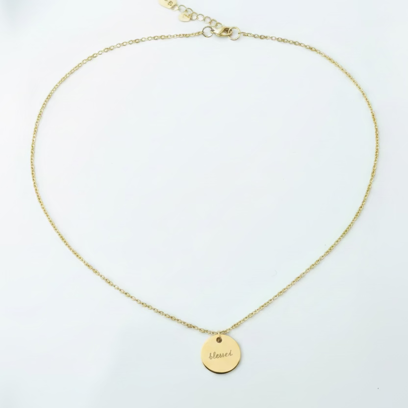 Gold Word Stamped BLESSED Charm Disk Necklace