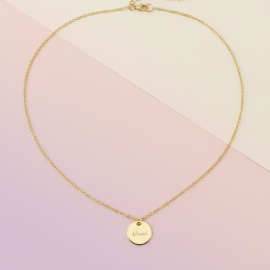 Gold Word Stamped BLESSED Charm Disk Necklace