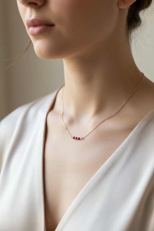 ruby red crystal handmade necklace on a woman