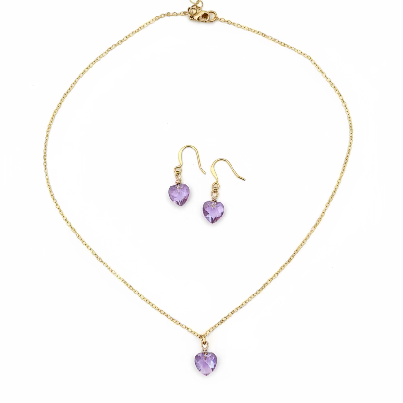 Light Purple Crystal Heart Necklace and Earring Set