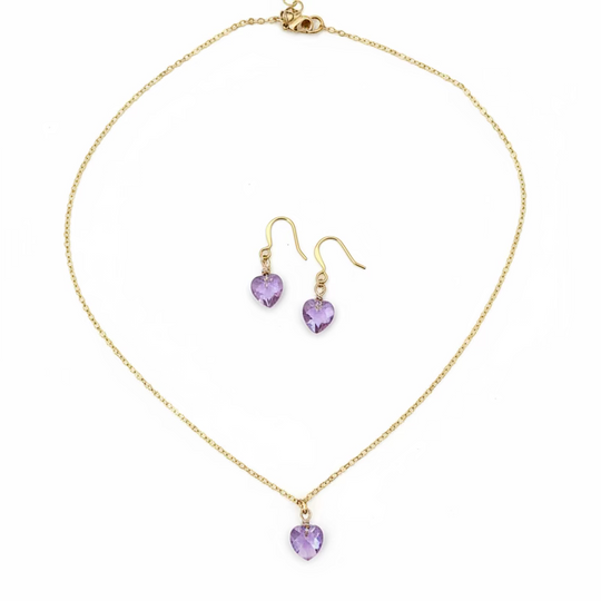 Light Purple Crystal Heart Necklace and Earring Set