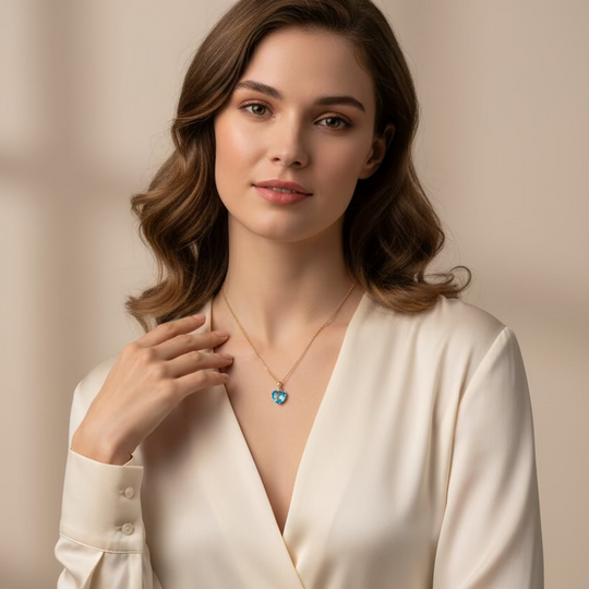 A delicate gold chain necklace with a small heart-shaped blue and white iridescent pendant, displayed on a light wood grain surface.