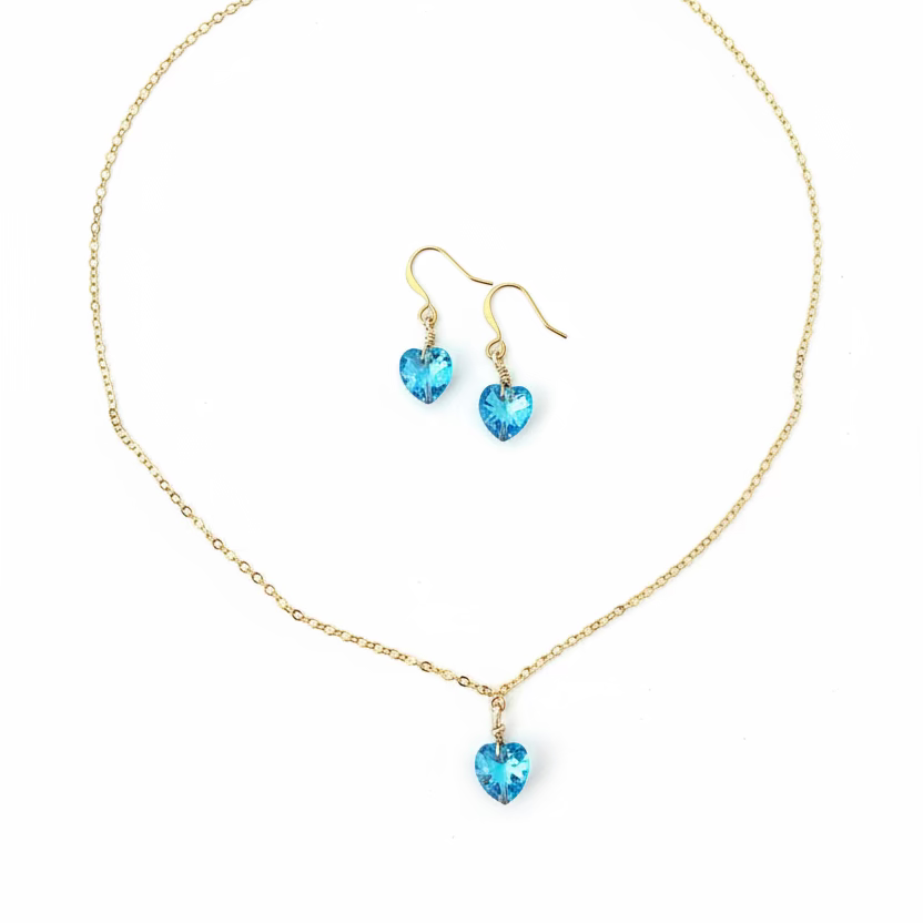 Aquamarine Crystal Heart Necklace and Earring Set