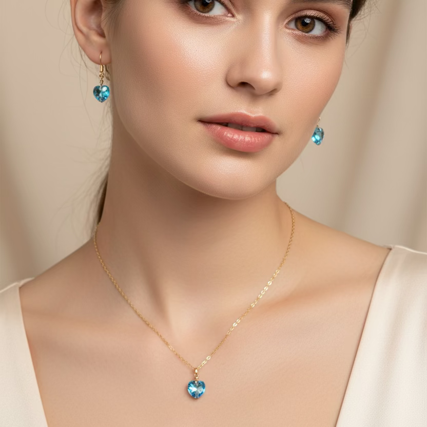 Aquamarine Crystal Heart Necklace and Earring Set