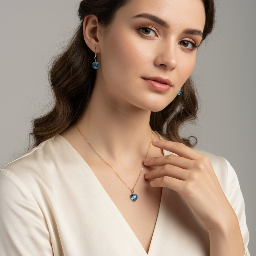 Aquamarine Crystal Heart Necklace and Earring Set