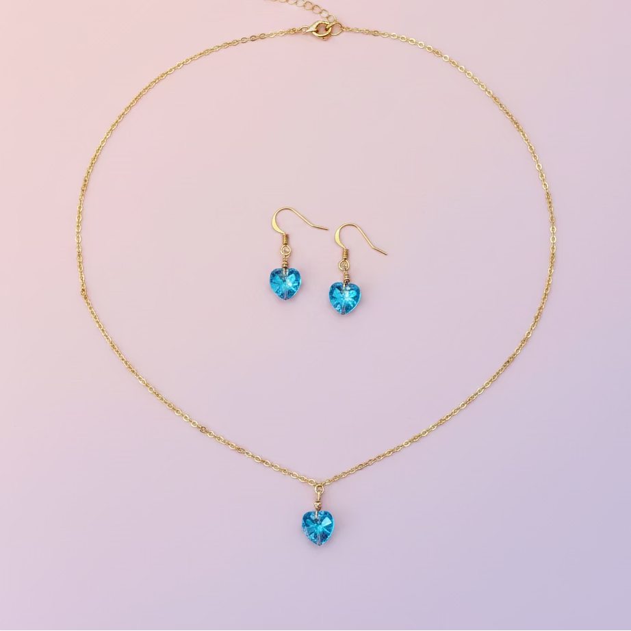 Aquamarine Crystal Heart Necklace and Earring Set