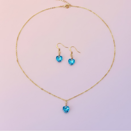 Aquamarine Crystal Heart Necklace and Earring Set