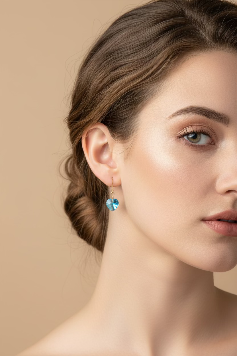 A pair of gold-tone dangle earrings with small, heart-shaped blue crystals, displayed on a light-colored wooden surface.