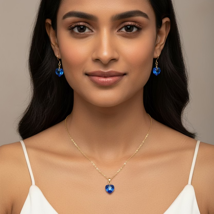 Sapphire Blue Crystal Heart Necklace and Earring Set