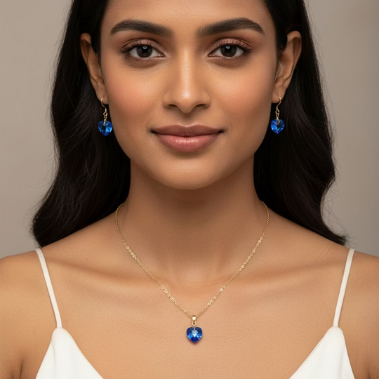 Sapphire Blue Crystal Heart Necklace and Earring Set