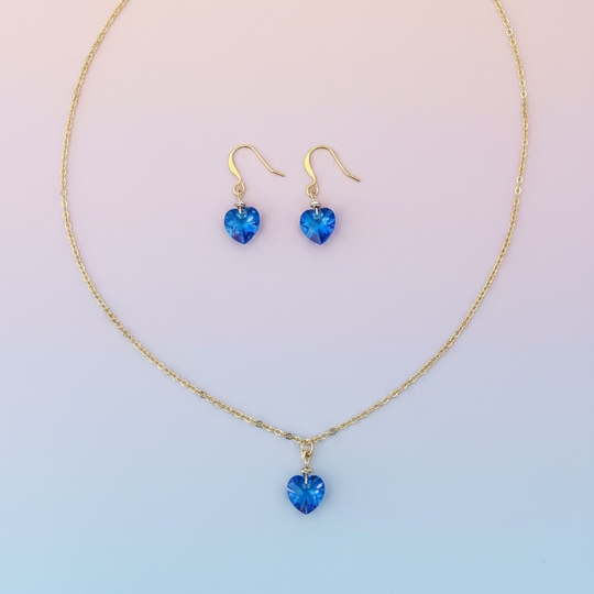 Sapphire Blue Crystal Heart Necklace and Earring Set