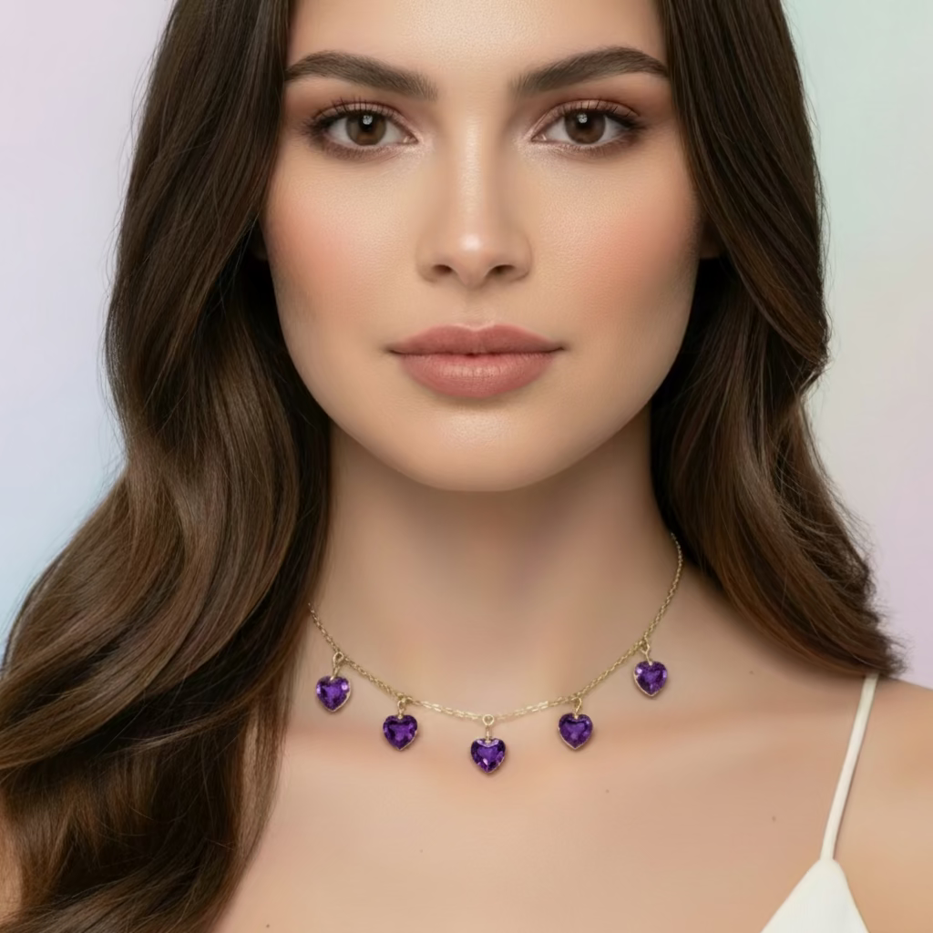 Amethyst Purple Crystal Heart Choker Necklace